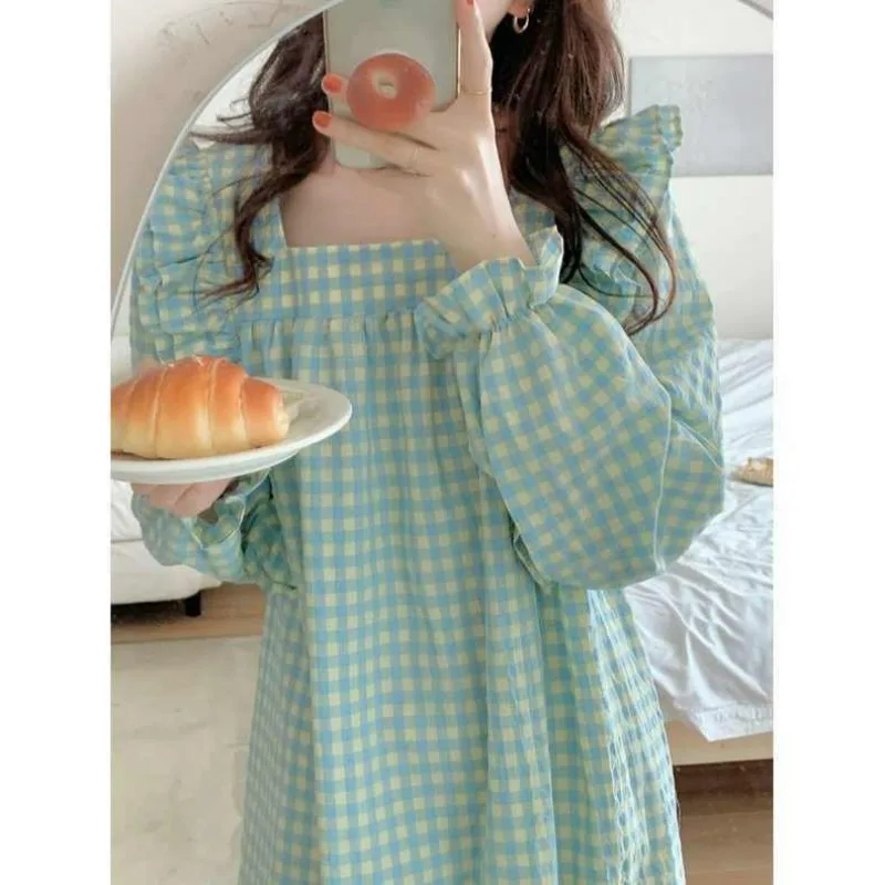 Plaid Women Nightgown Korean Sleepwear Ruffle Nightwear Autumn Night Dress Long Sleeve One Piece Pajamas Square Collar Home Wear