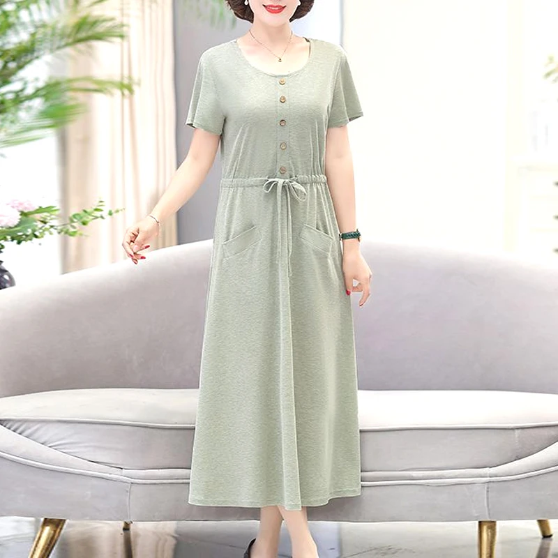 

Women's Clothing New Dignified Intellectual Summer Thin Loose Round Neck Short Sleeve Solid Pockets Lacing Button Casual Dresses