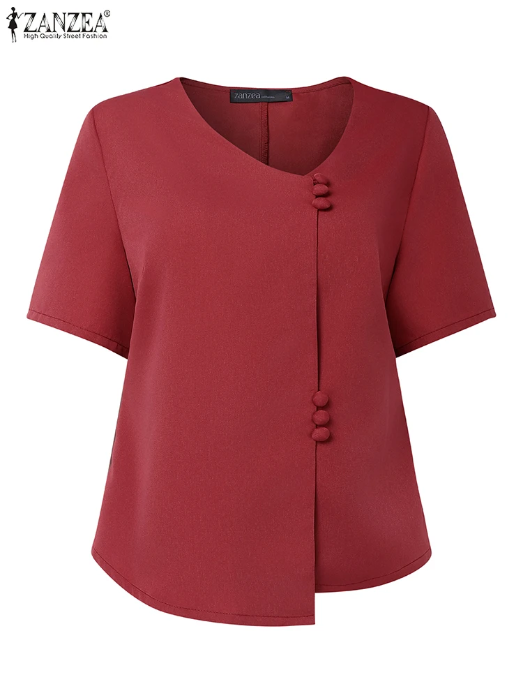 

ZANZEA 2022, летние женские рубашки, модные повседневные однотонные блузки с короткими рукавами и пуговицами, свободные топы-туники с v-образным вырезом, элегантные OL Blusas