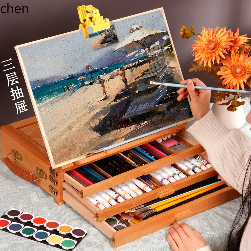 Sketch Tool Set Foldable Portable Beginner Easel with Three-Layer Storage Drawer