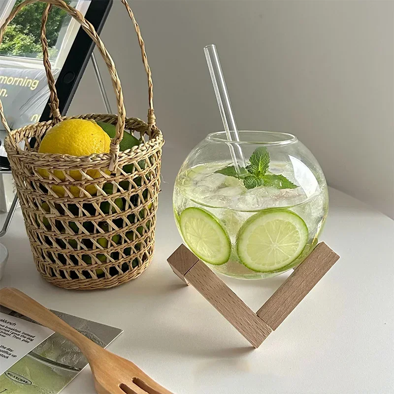 Drink Glass Cup With Wood Stand Creative Lunar Round Shape Drink Cup Cocktail Mug Smoothie Fruit Moon Juice Tumbler Transparent