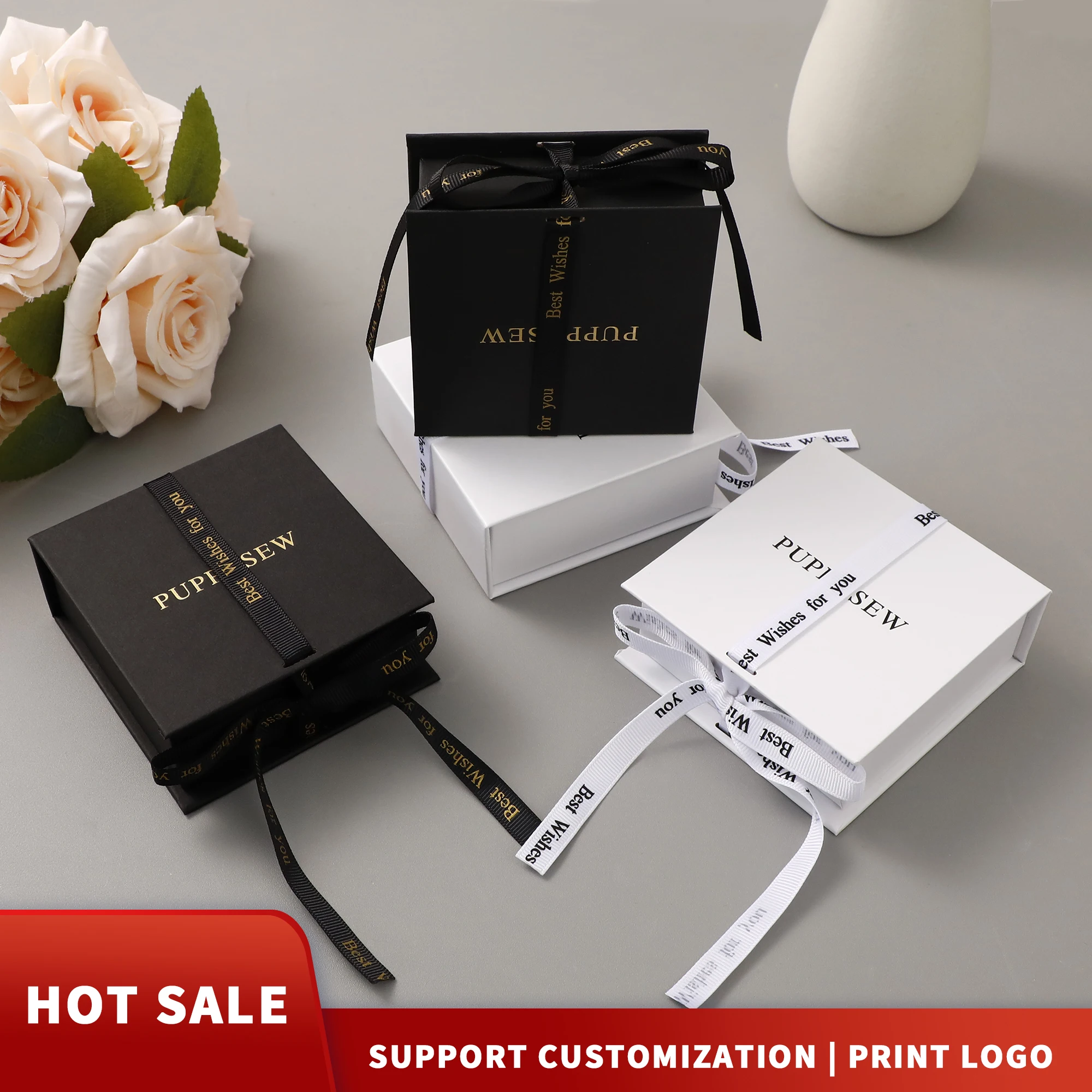 

Wholesale Ribbon Flip Box Cardboard Jewelry Box with Foam Inside Necklace Bracelet Ring Ring Ring Ring Earring Box with Logo
