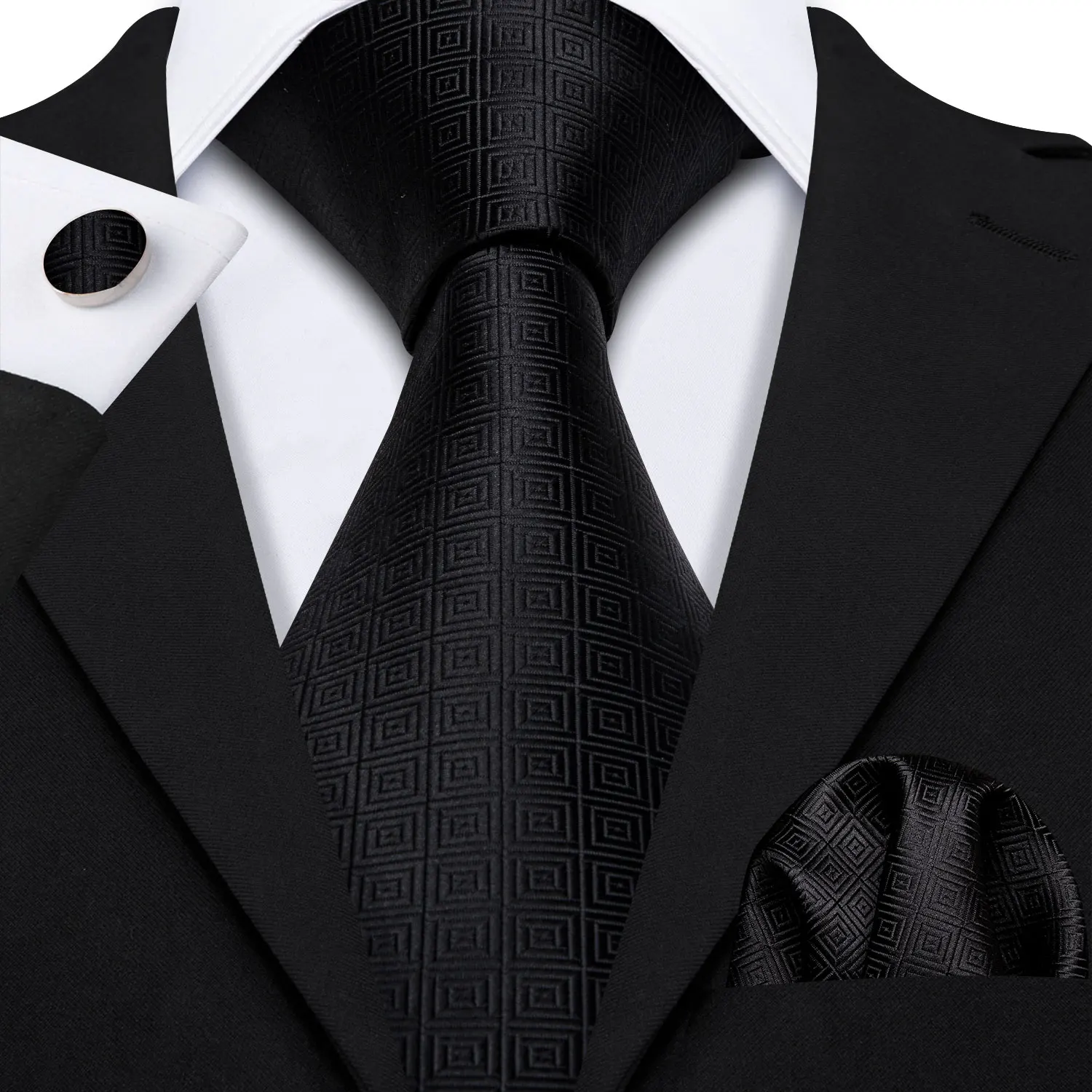 Geometric Striped Plaid Mens Tie Set 3 Piece, Tie Handkerchief Cufflinks For Business Office