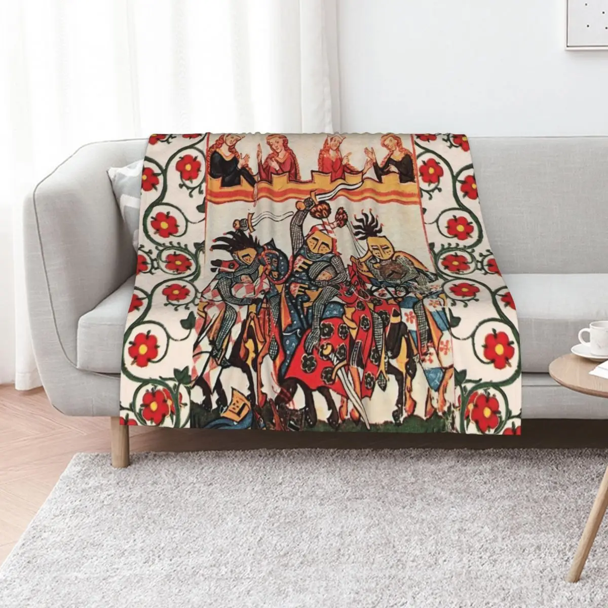 MEDIEVAL TOURNAMENT, FIGHTING KNIGHTS WITH DAMSELS AND RED WILD ROSES Throw Blanket Decorative Throw Single Beach Blankets