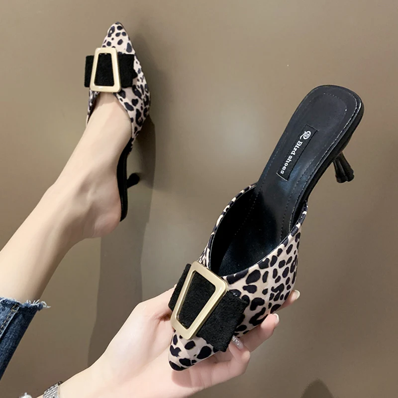 Mules For Women 2024 Leopard Shoes Slippers Flat Cover Toe Thin Heels Slides Pantofle Fashion Summer Pointed New Luxury High Rub