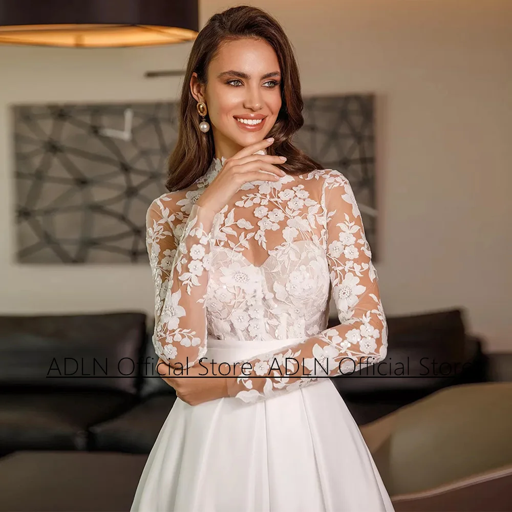 2025 vestidos de casamento para noiva personalizado alta pescoço mangas compridas applique varredura trem uma linha cetim bolso vestidos de noiva