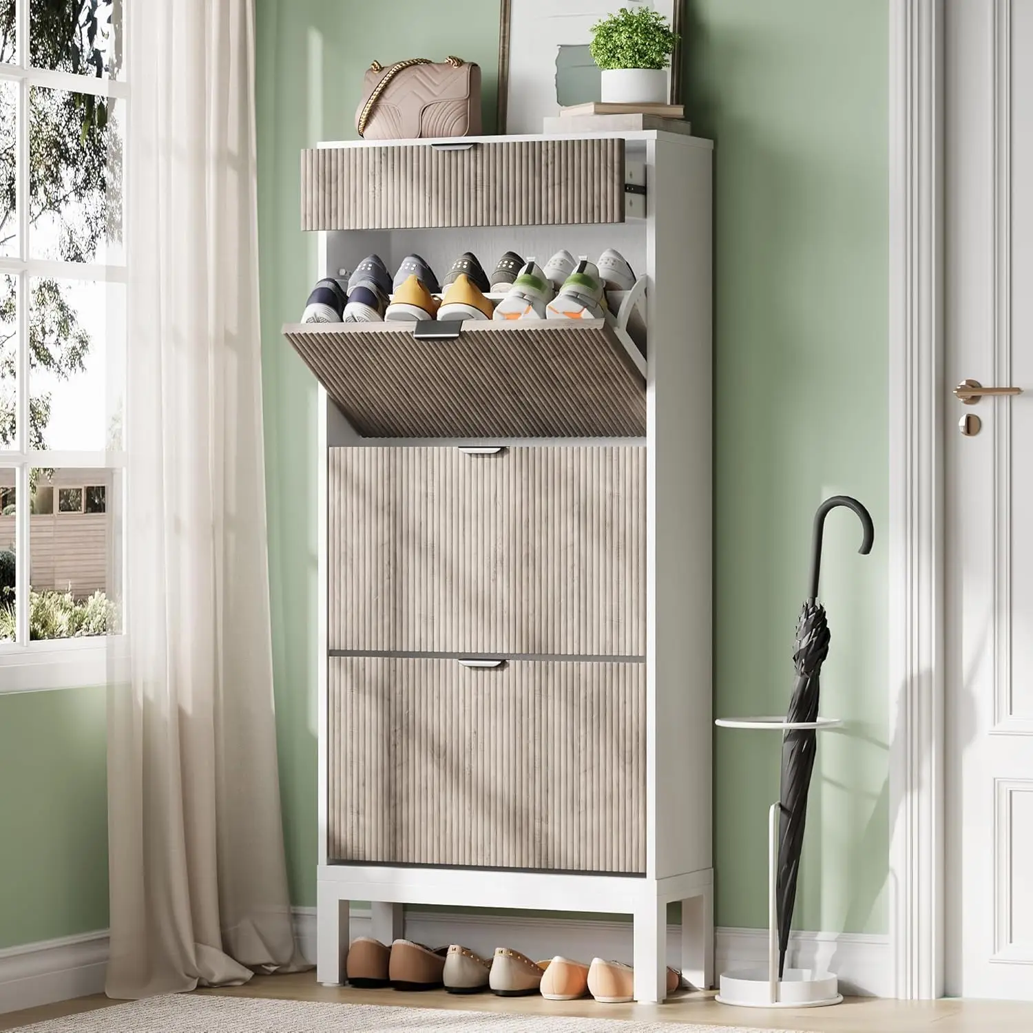 Entryway Shoe Cabinet with 3 Flip Doors & 1 Drawer, Narrow Wooden Shoe Rack with Metal Legs for Front Door Entrance, Customized