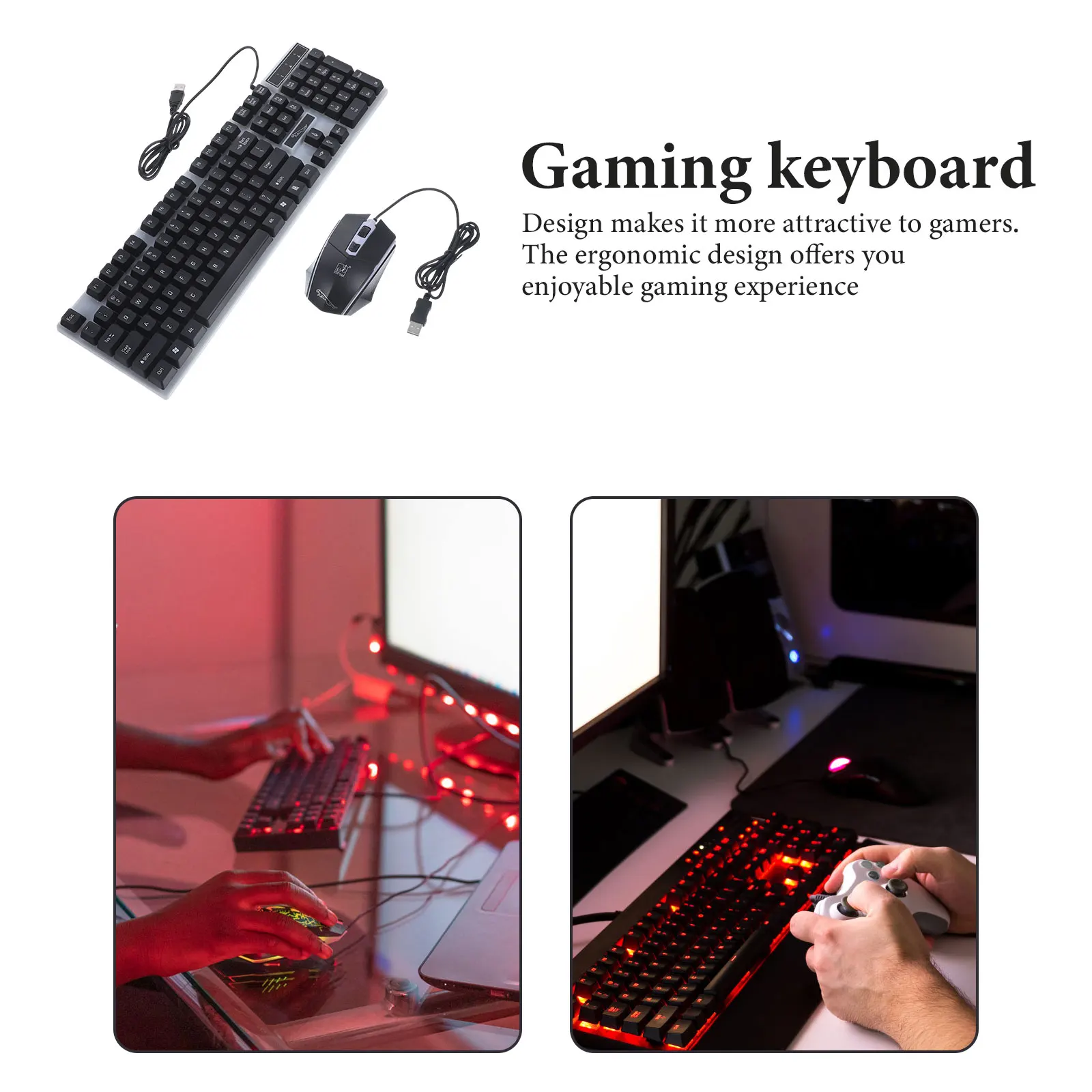 

Gaming Keyboard Set USB Wired Backlit Black Cool LED Mechanical Water Resistant Ergonomic Design Adjustable Height Anti Skid