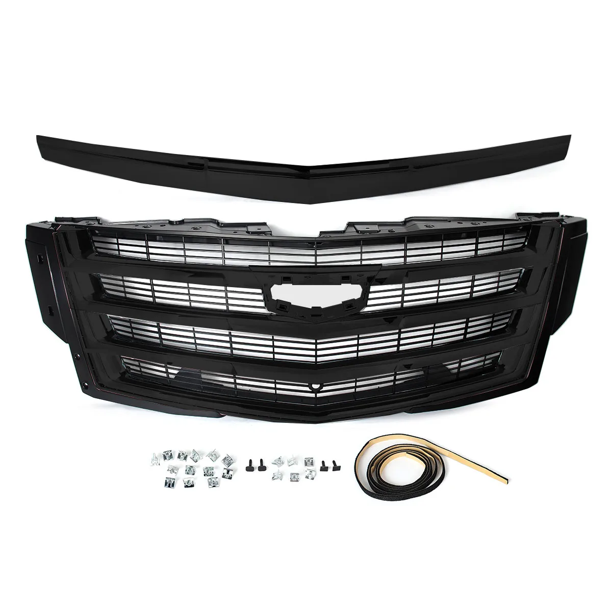 Magickit Front Grille + Hood Molding Trim Replace For Cadillac Escalade 2015-2020 Platinum Front Bumper Upper Grill Glossy Black