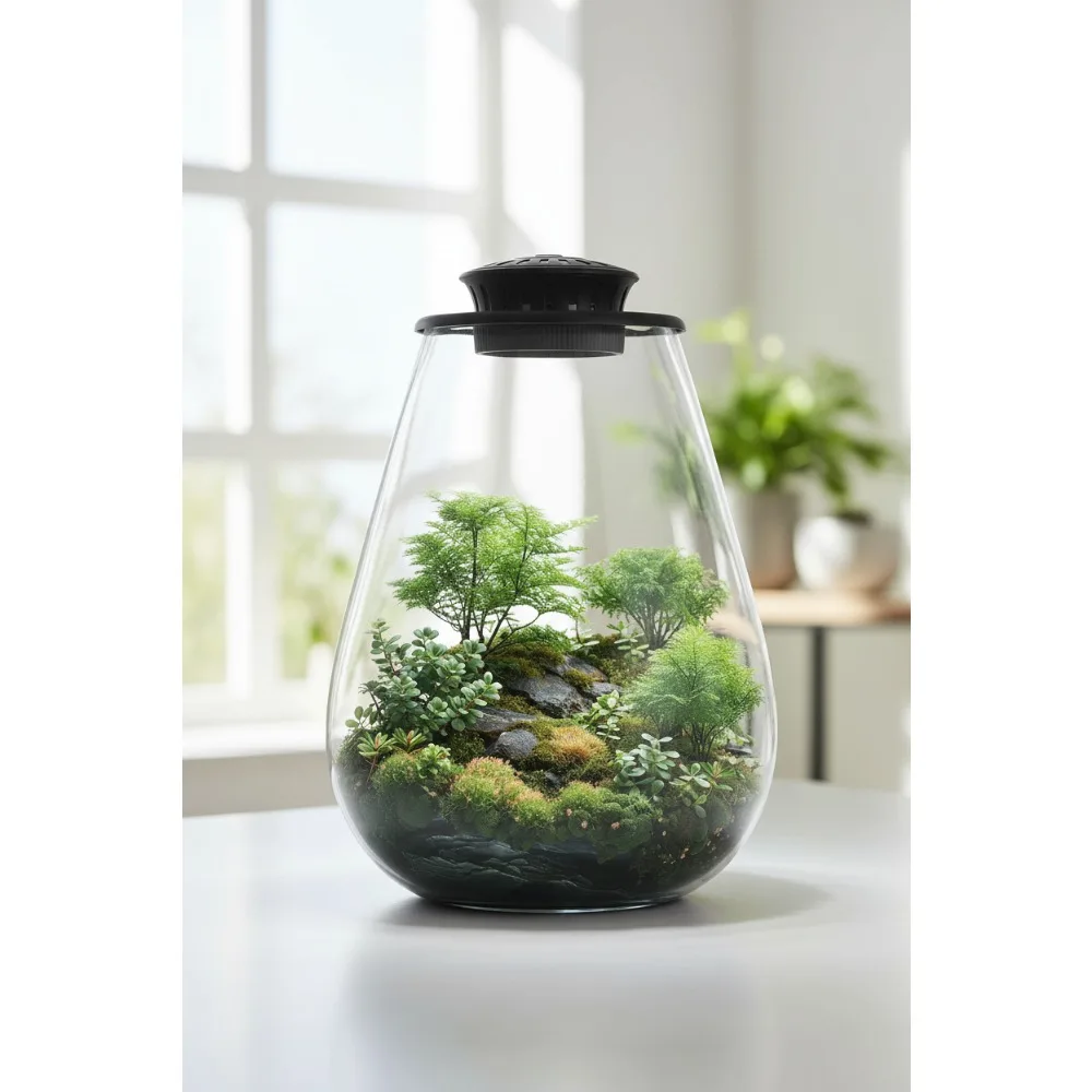 تررم نبات زجاجي صغير مع ضوء LED للنمو - حديقة الطحلب العصارية، خزان الأسماك، هدية ديكور المكتب المنزلي