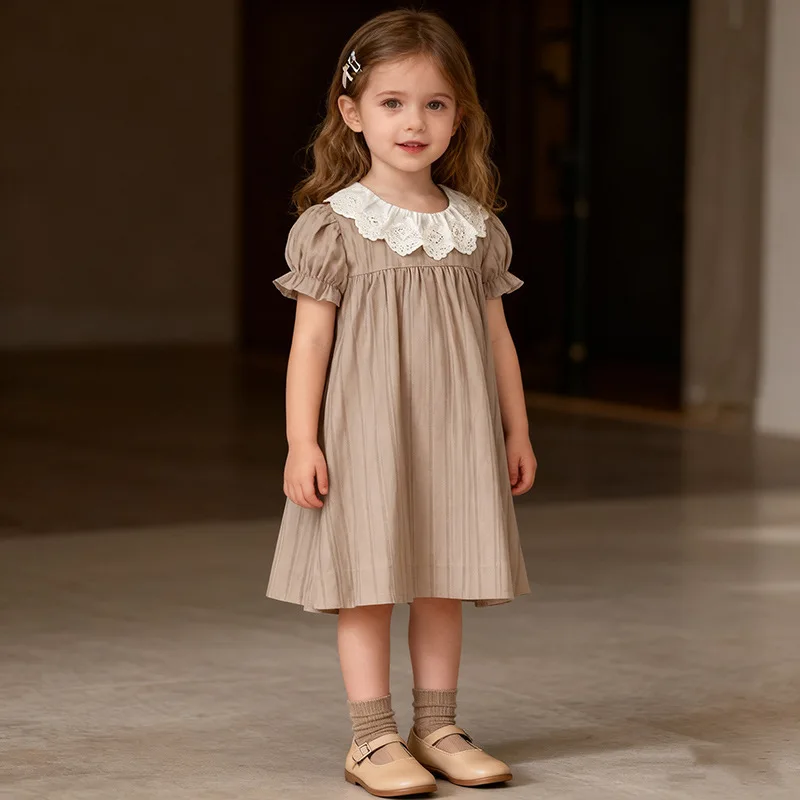 

Girls Summer Dress Korean Style Floral Embroidery Ruffle Collar Short Sleeve Princess Outfit Children's Clothing
