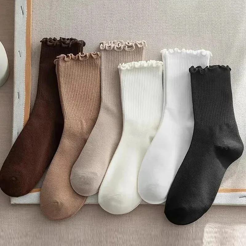 

set Women's Ruffled Mid-Length Socks Solid Color Breathable Comfortable Sweat-Absorbing Socks for Spring and Autumn for Girls