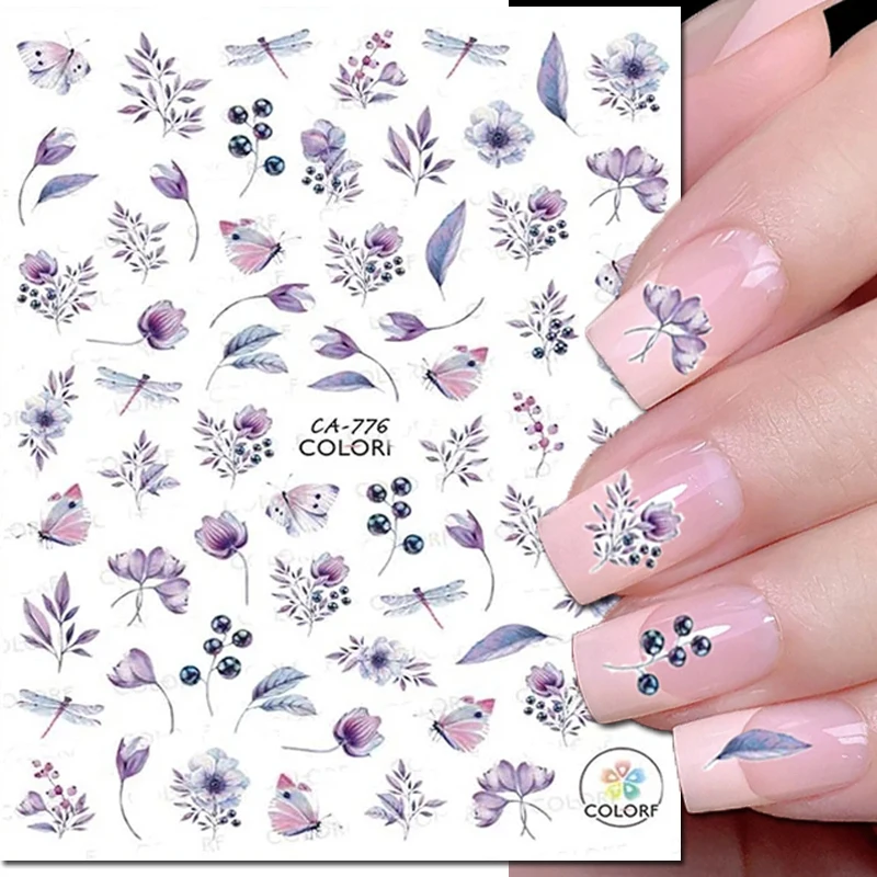 3d Nails Art adesivi cursori adesivi fiori viola foglie frutta Butterflys decalcomanie per decorazioni per unghie manicure