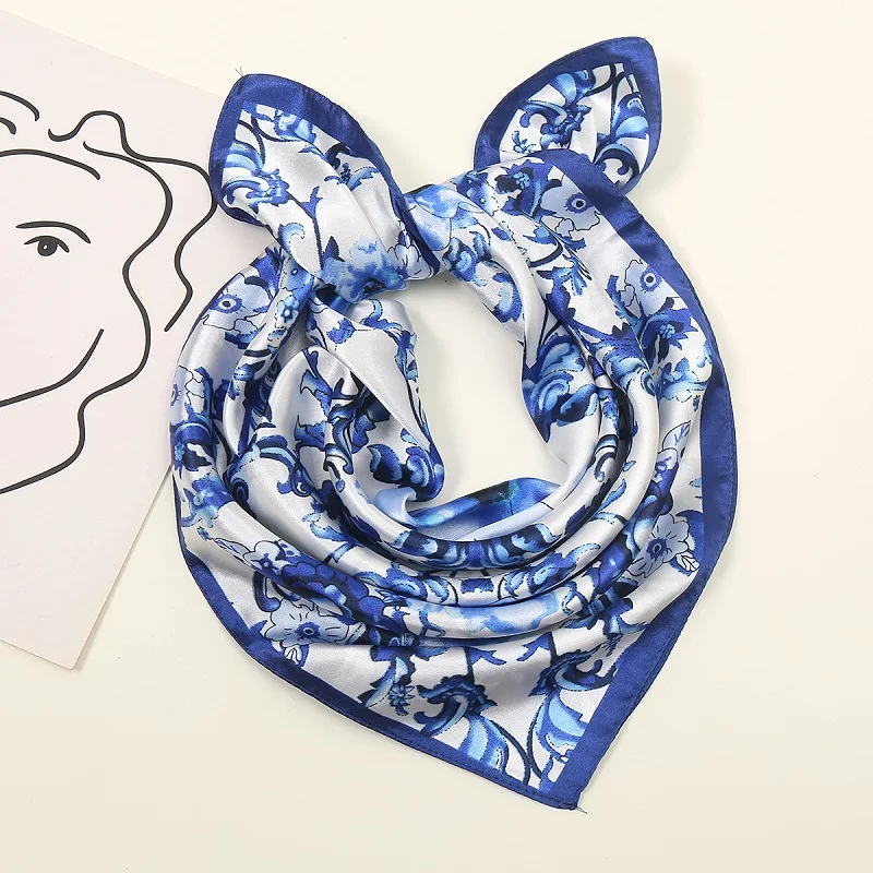 New 2024 Satin Silk Square Scarf Blue And White Porcelain Digital Printed Muslim Women Hijab Headscarf Ladies Headband Scarf