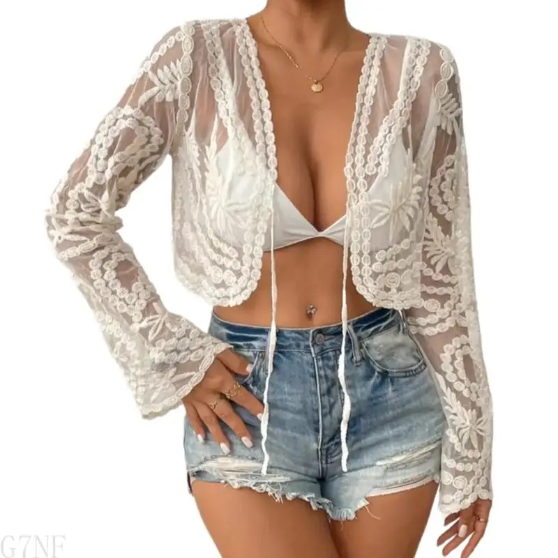 

G7NF Women Swimsuit Coverup Front Tie Tie Beach Coverp Crop Top Suppears Coverpup