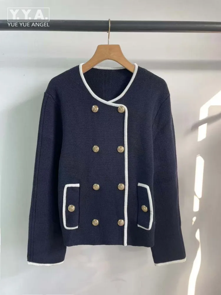 

Модная верхняя одежда, женский повседневный темно-синий двубортный свитер с круглым вырезом и длинным рукавом, офисный женский универсальный трикотаж, кардиган