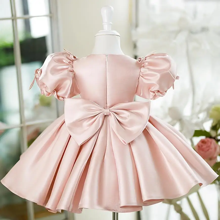 High-End Children\'s Baptism Princess Evening Gown Bow Beading Design Wedding Birthday Party Girls Dresses For Eid  A2401