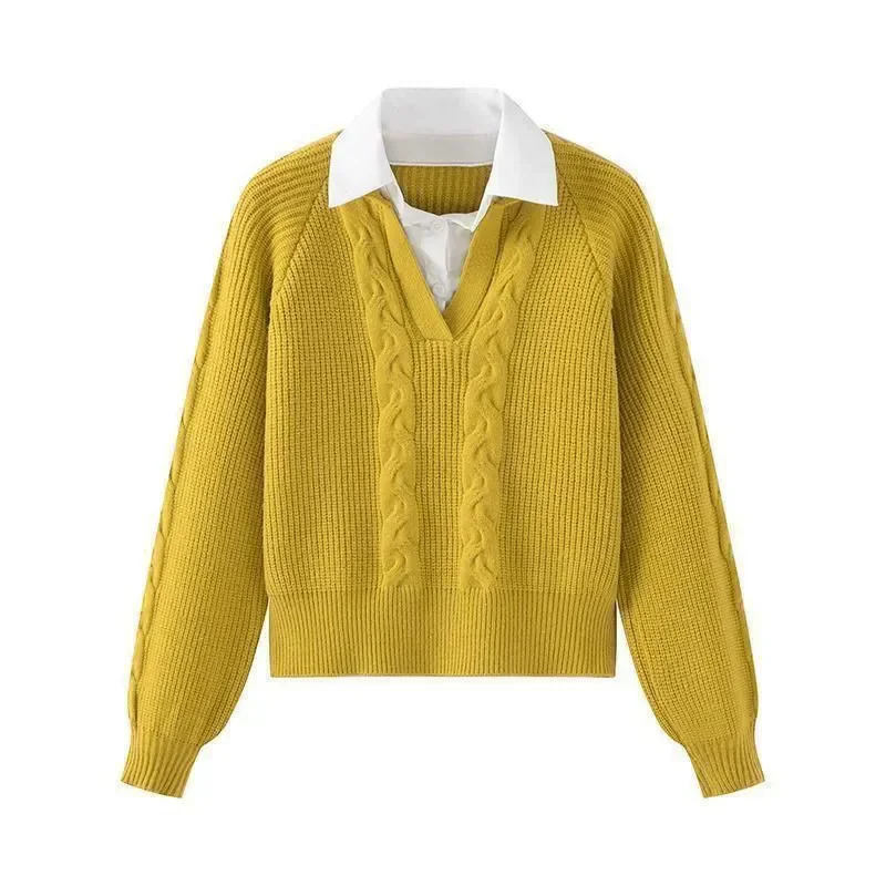 

Autumn Winter New Fashion Turn-Down Collar Knitted Pullover Women Long Sleeve Fake Two Pieces Sweater Jumper Ladies Tops B806