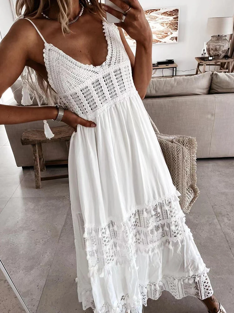 Boho Sexy Deep V Neck Crochet Suspender Dress Women Elegant Embroidery Lace Tassel Long Dress Spring Summer Backless Beach Dress