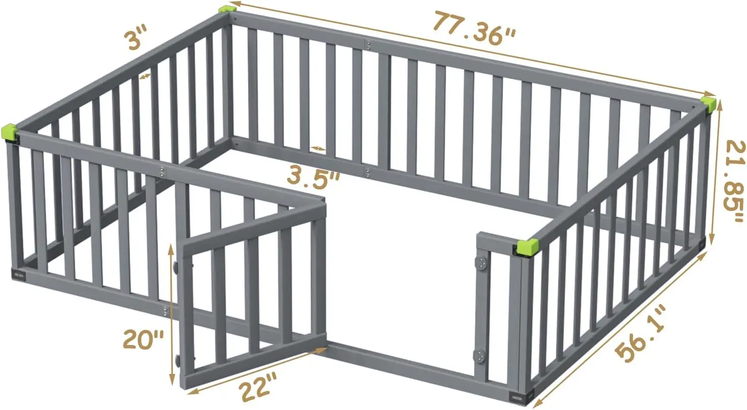 Full Size Montessori Floor Bed Soild Wood, Toddler Bed Frame w/Convertible Door and Safety Fence, Floor-Bed-Frame for Ch