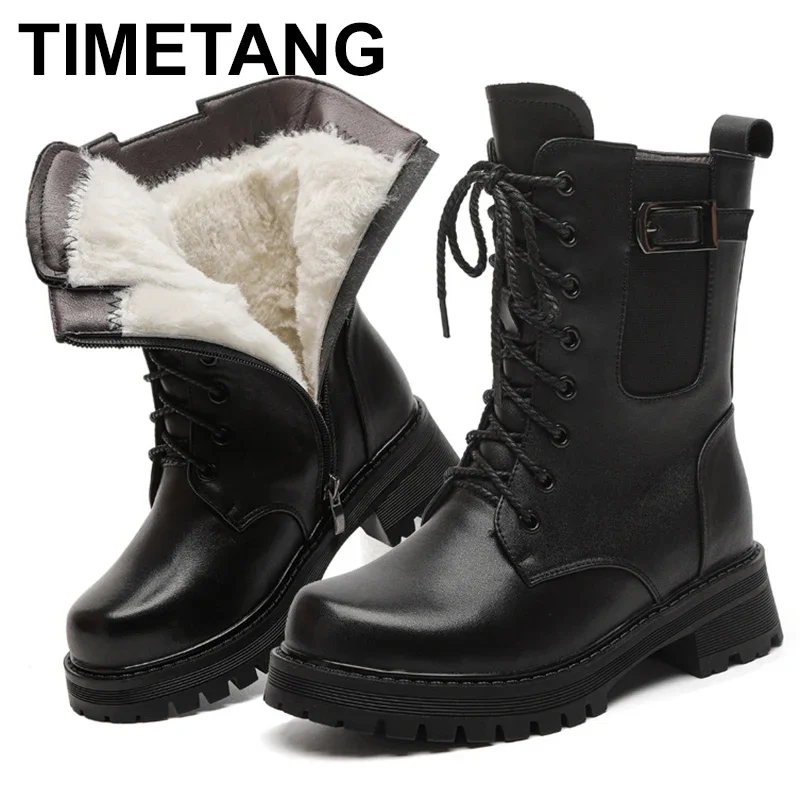 

2023 Fashion Winter Warm Shearling Wool Snow Boots Women Square Heel Platform Shearling Boots Ladies Platform Mid-Calf Boots