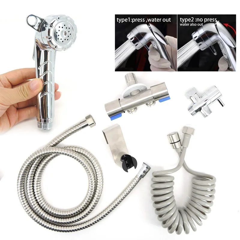 No press ABS Toilet Hand protable Bidet Spray Shower Head faucet Douche Kit T Valve WC Bathroom Sprayer brush Tap Holder Hose