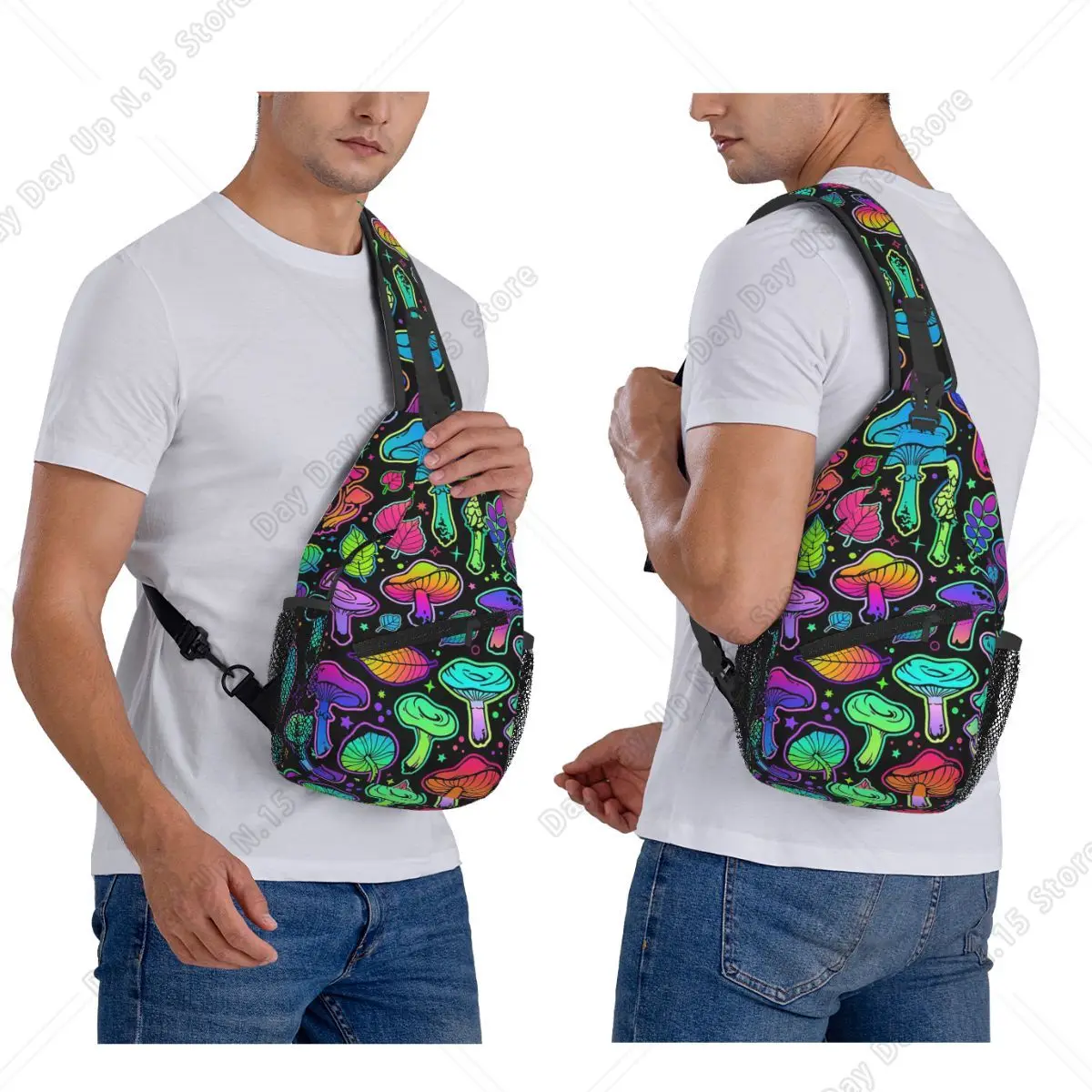 Psychedelic Magic Rainbow Mushrooms Trippy Mushroom Chest Bag Men Sling Crossbody Backpack Chest Bag Hiking Daypack Shoulder Bag