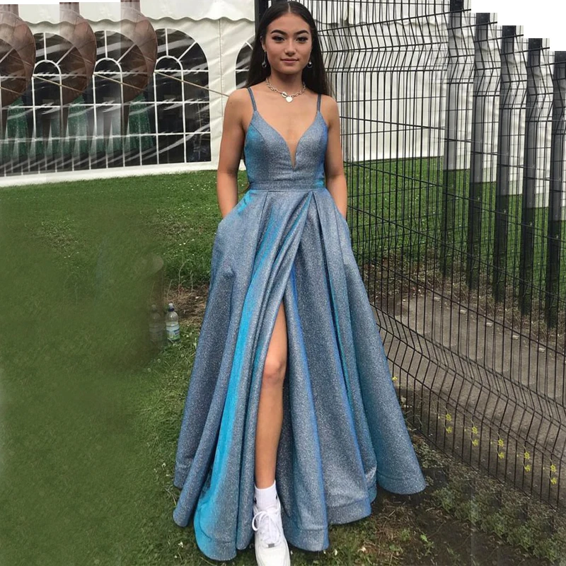 Glitter Prom Dresses Long Spaghetti Split Floor Length A Line Pleats Graduation Birthday Party Dress for Black Girls Customized