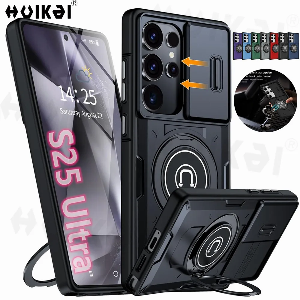 Case For Samsung Galaxy S25 Ultra S24 S23 Slide Camera Rotatable Kickstand Ring Stand Armor Anti-fall Protection Kickstand Cover