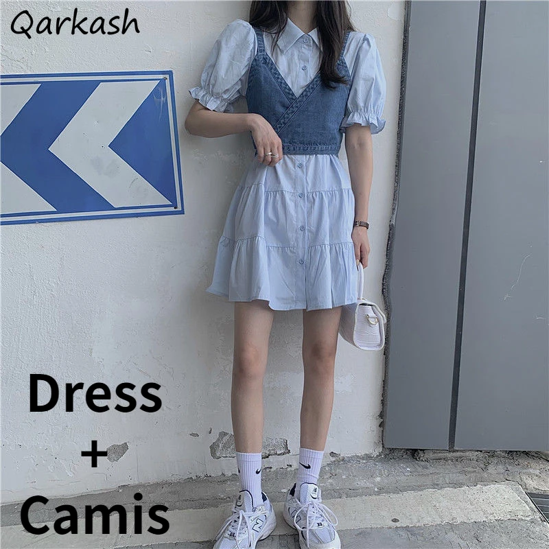 

Women Sets Summer 2 Pieces S-4XL Lace-up Camis Puff Sleeve Sweet Korean Style Simple Mini Dress Sexy Streetwear Femme All-match