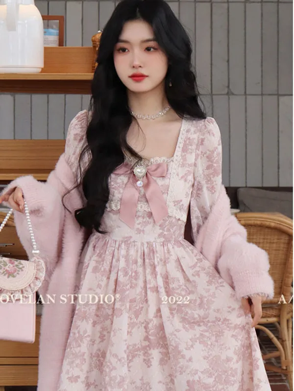 Gentle style long sleeved floral fashion dress women 2024 autumn/winter new mid length sweet high waisted slim fairy dress 4QJC