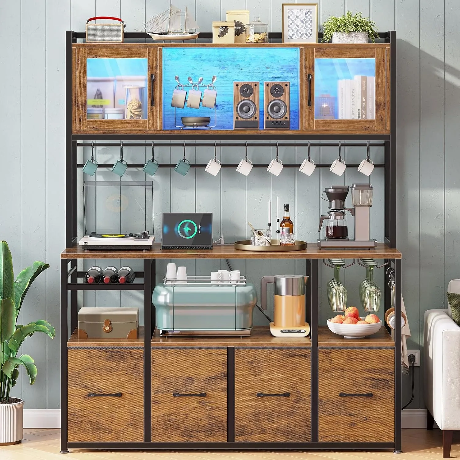 Rack with Power Outlet and LED Light, 47.2'' Microwave Stand with Storage, Kitchen Coffee Bar Cabinet with Glass Door, 4 Drawer, Wine Rack, Goblet Holder and 12 Hooks, Rustic Brown view 3