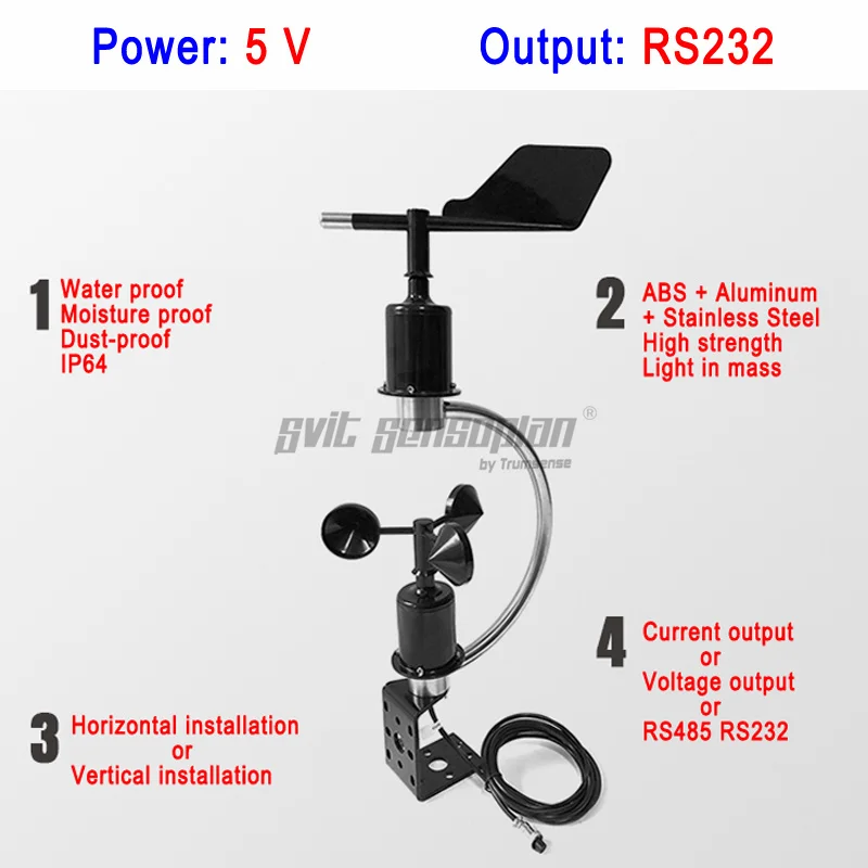 Trumsense STTWSWDI5232C Wind Speed And Direction Sensor Integrated C Shape Design 5V Power Supply RS232 Output Free Shipping