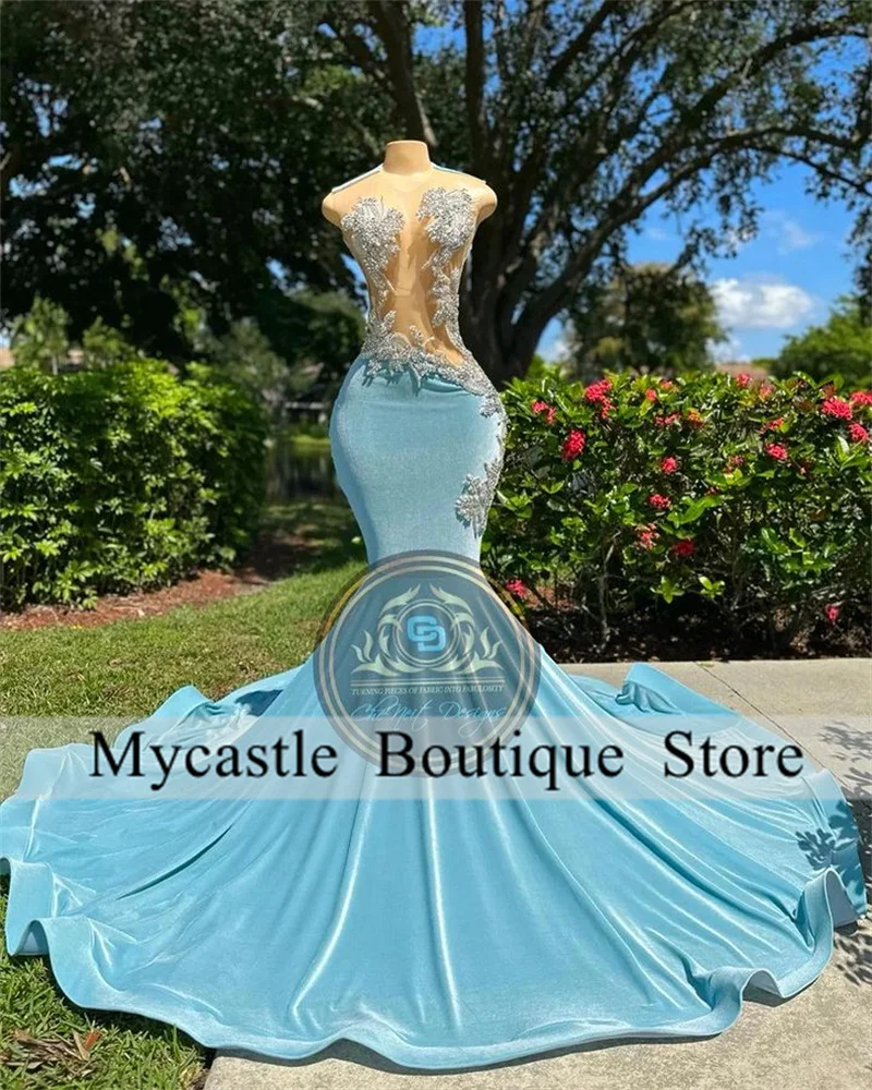 Light Blue Long Mermaid Prom Dress For Black Girls 2025 Elegant Wedding Party Gown Beaded Appliques Evening Dresses Customized