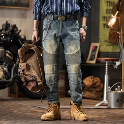 Patchwork Jeans Men's Retro Nostalgic Straight Loose Punk Thick Motorbike Personalized Pleated Trousers