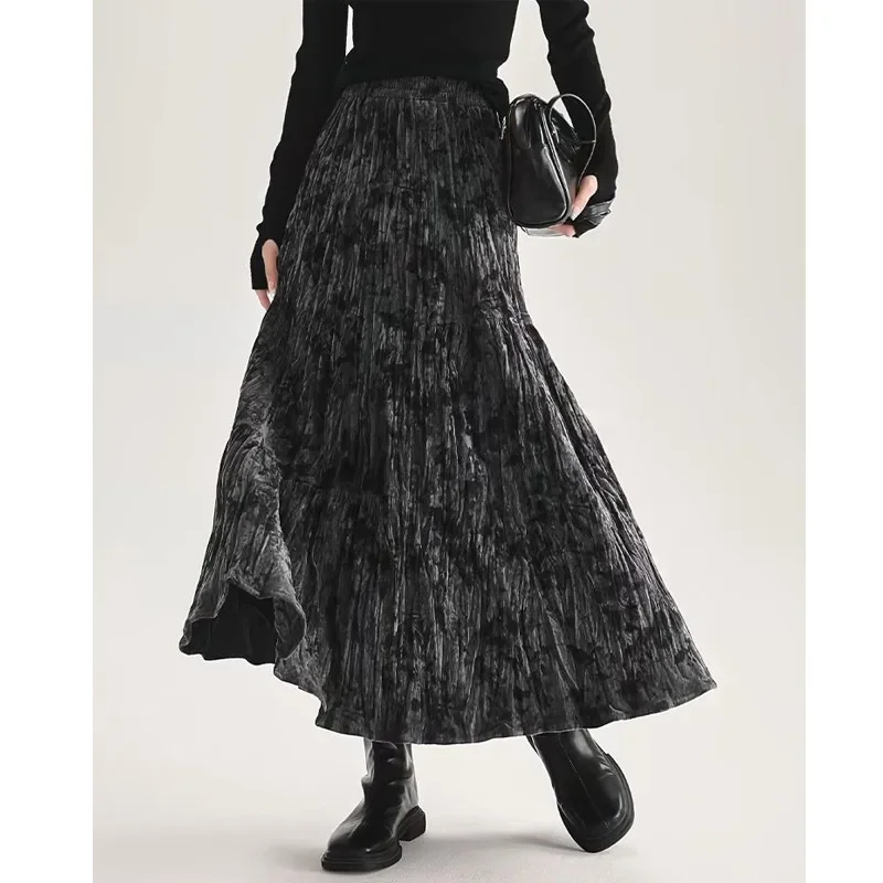 

Плиссированная юбка-зонтик с высокой талией, толстая бархатная текстура, женская модная зимняя юбка нового стиля