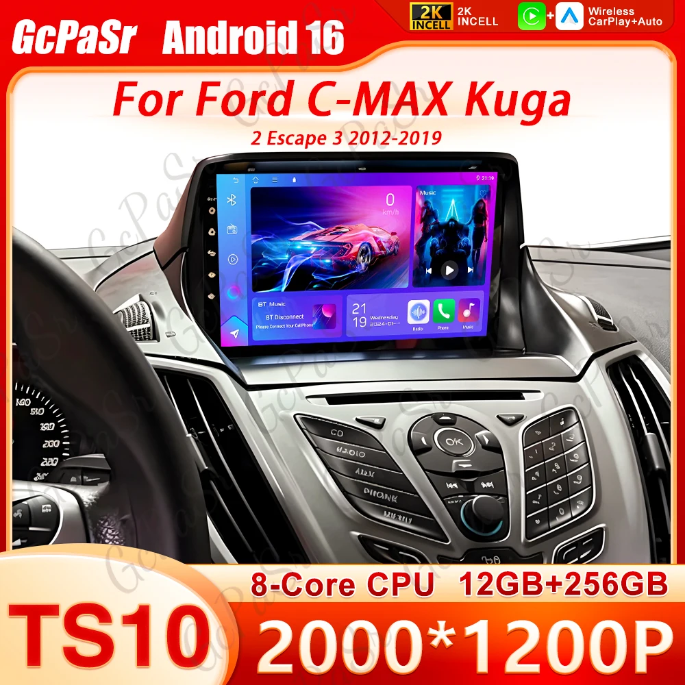 Для Ford C-MAX Kuga 2 Escape 3 2012-2019: Автомагнитола Android 16 с беспроводным CarPlay, GPS-навигацией, экраном, стереосистемой, видео и Bluetooth