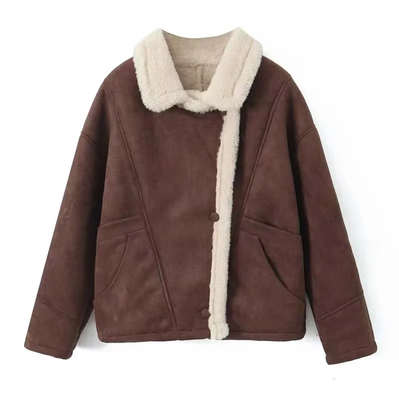 New Fashion Lapel Pockets Lamb Woolen Splicing Suede Leather Jacket Women Chic Loose Thick Warm Coat  Lady High Street Outerwear
