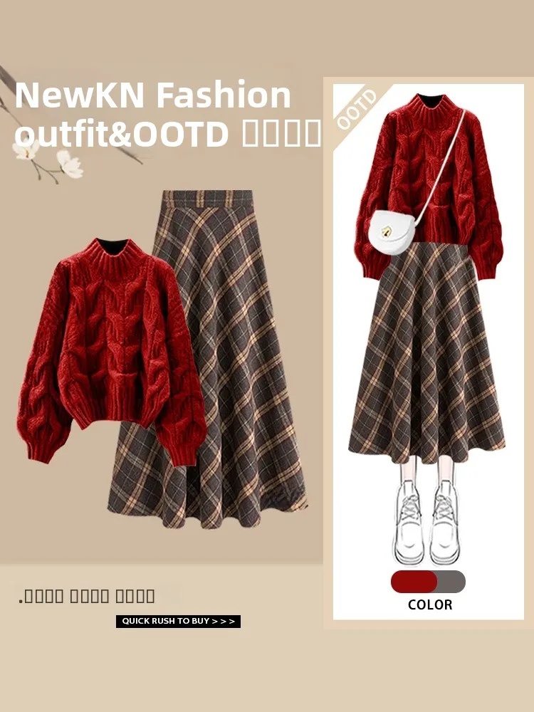 

Red Knitted Sweater High Waist Plaid Skirt Two Piece Set for New Year Festival Autumn Winter Faion Women's Skirts