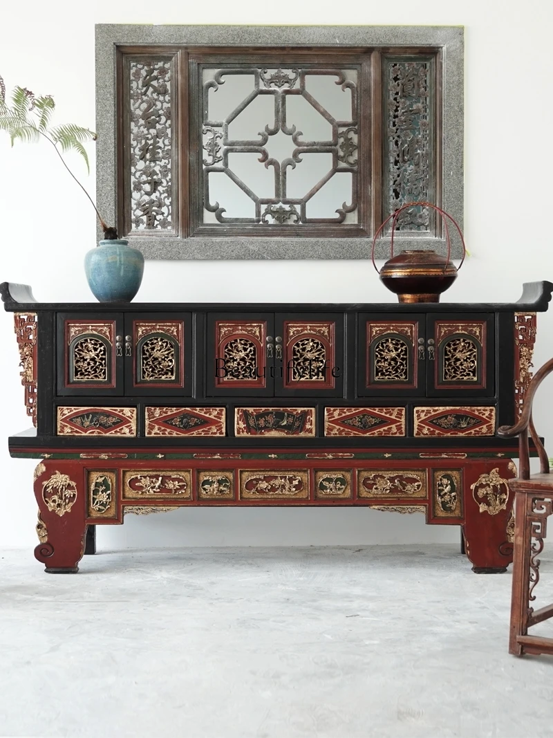 

New Chinese style antique solid wood warped head porch cabinet retro carved gold classical locker