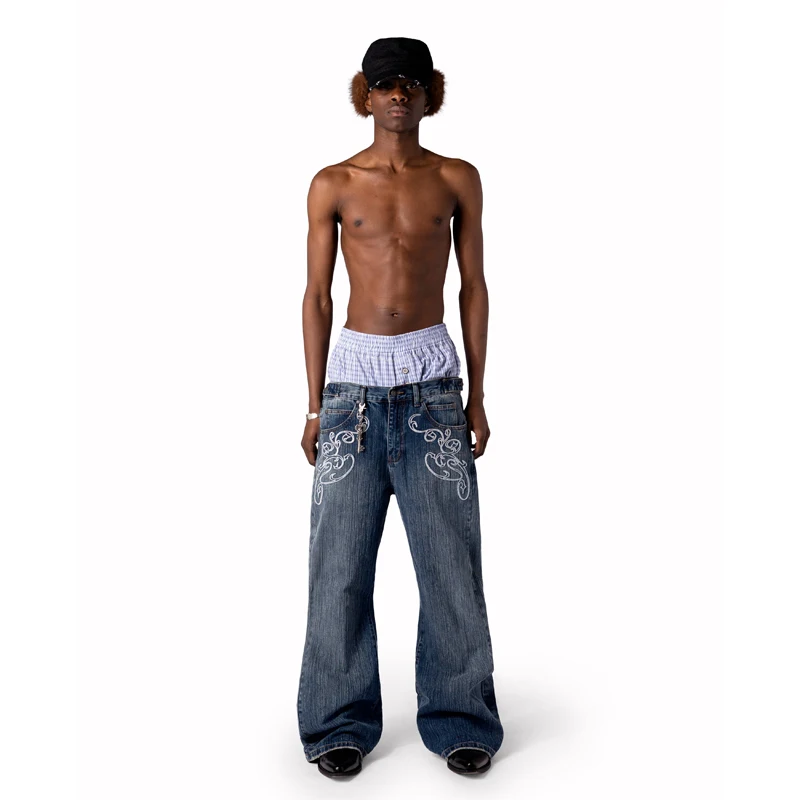 Jean Bootcut Y2K Bleu Délavé Vintage Brodé Homme Femme Pantalon Harajuku High Street Streetwear Unisexe Décontracté