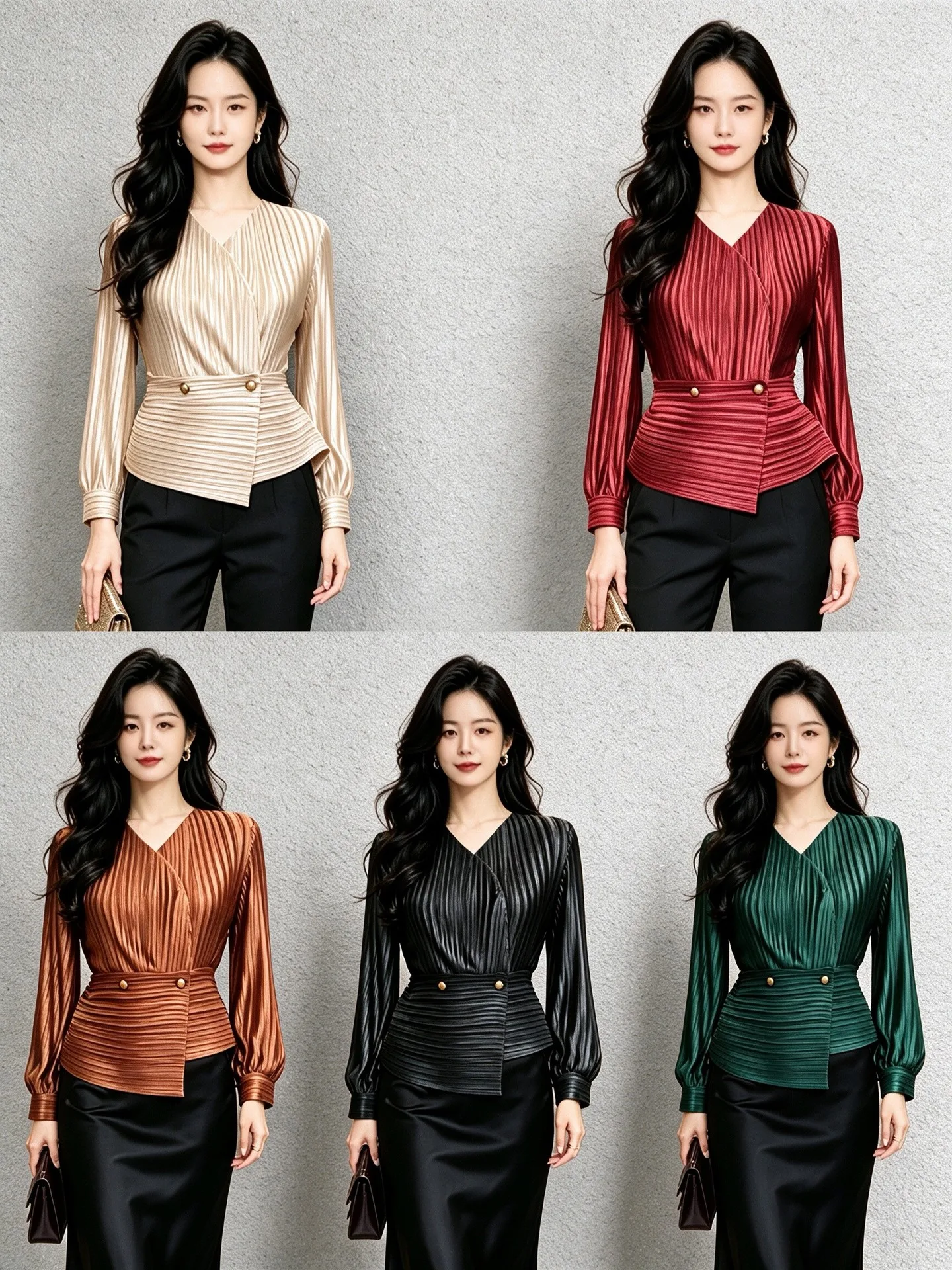 Pleated V-neck wrap top with lantern sleeves, wide waist belt with gold buttons, fitted waist, suitable for commuting.
