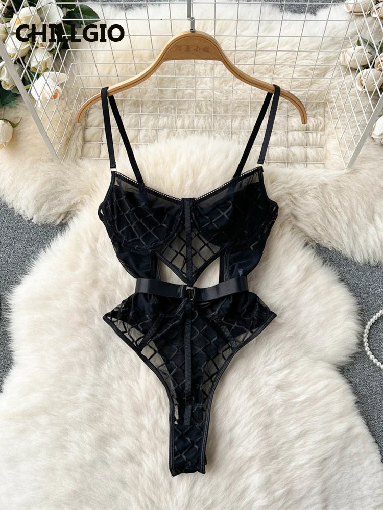 

CHILLGIO Sexy Women Plaid Bodysuits Fashion Hollow Design Intimate Sleepwear Combination Catsuits Bodycon Mesh Strappy Rompers