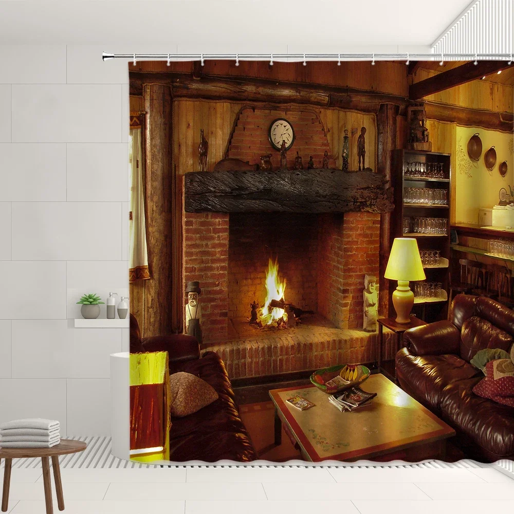 Retro Fireplace Pattern Shower Curtain Set Vintage Style Home Decorations Polyester Background Cloth Bathroom Screen With Hooks