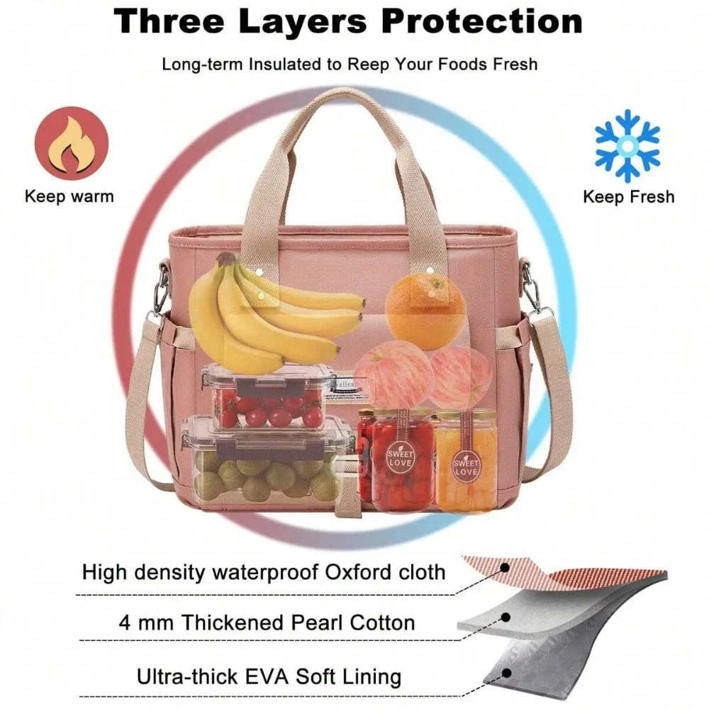 Fashionable Women's Insulated Lunch Tote Bag with Large Opening Temperature Control, Equipped with Detachable Shoulder Strap