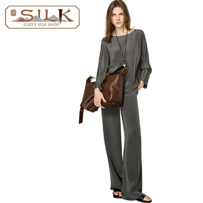 

Natural Silk Women's Suit - Long-Sleeved T-shirt and Pants Set - Simple, Elegant, Fashionable, Casual, Luxury Women's Clothing