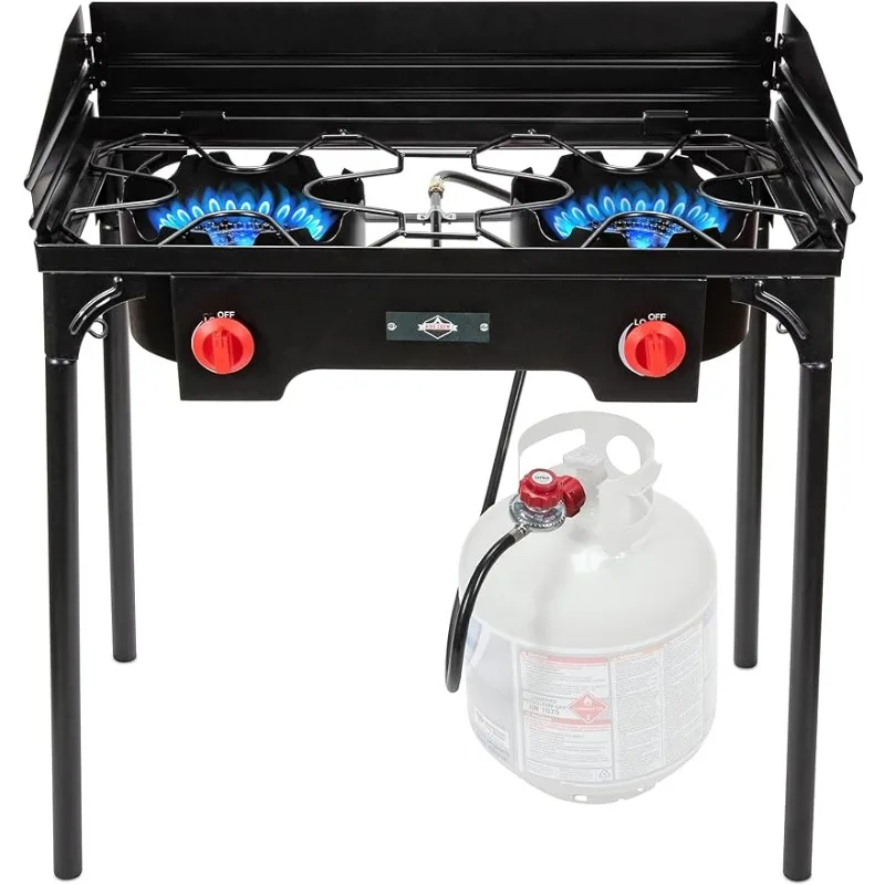 

Cast Iron Double-Burner Outdoor Gas Stove | 150,000 BTU Portable Propane Cooktop w/Blue Flame Control, Removable Legs,