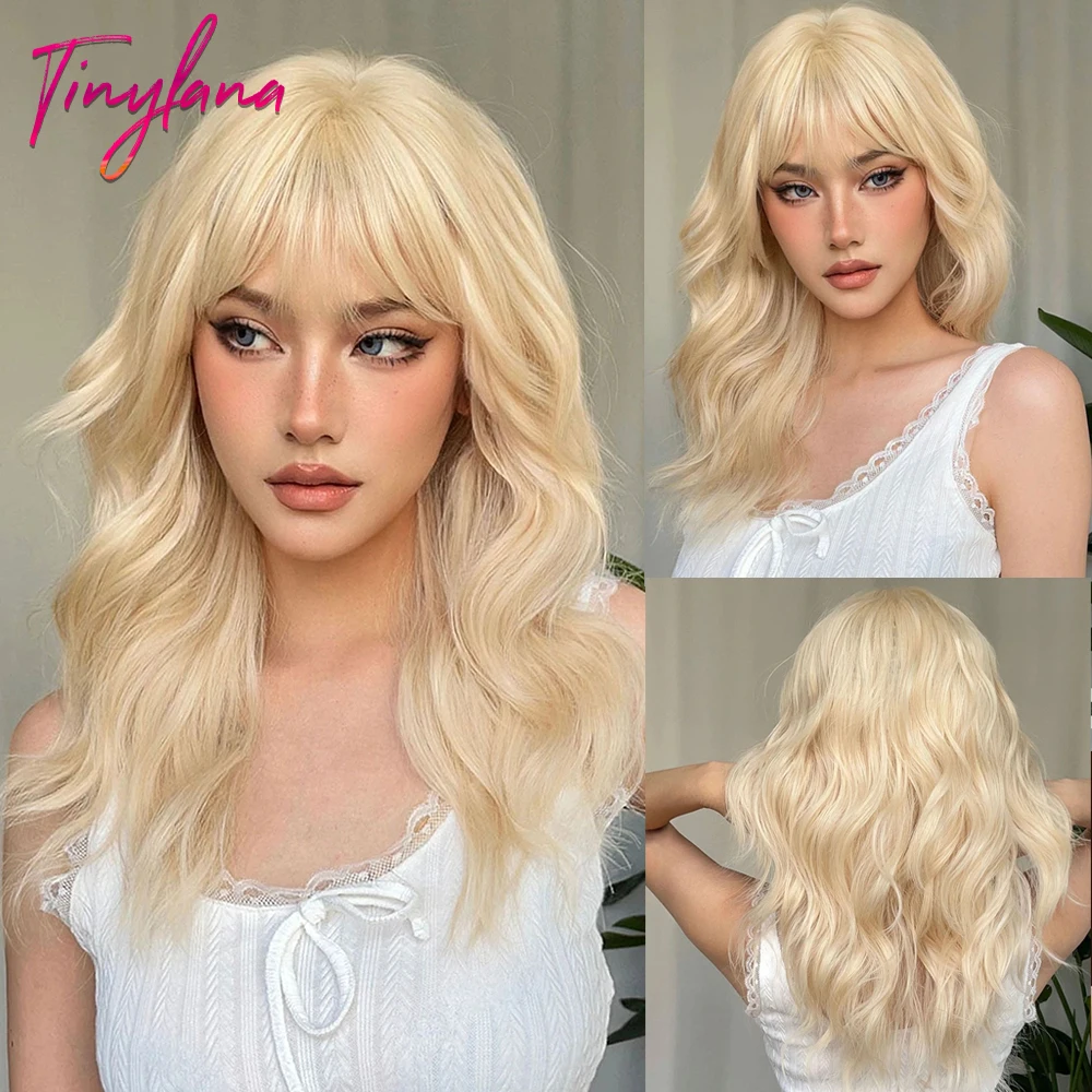 Light Blonde Yellow Synthetic Wig with Bangs Lolita Cosplay Mid-Length Curly Wave Wigs for White Women Natural Heat Resistant