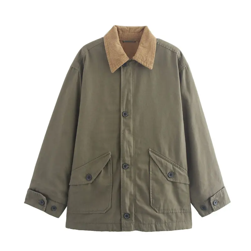 

Loose Oversized Canvas Jaet ort Collar Flip Large ape Autumn New Women's Faion Outerwear Versatile Regular Length