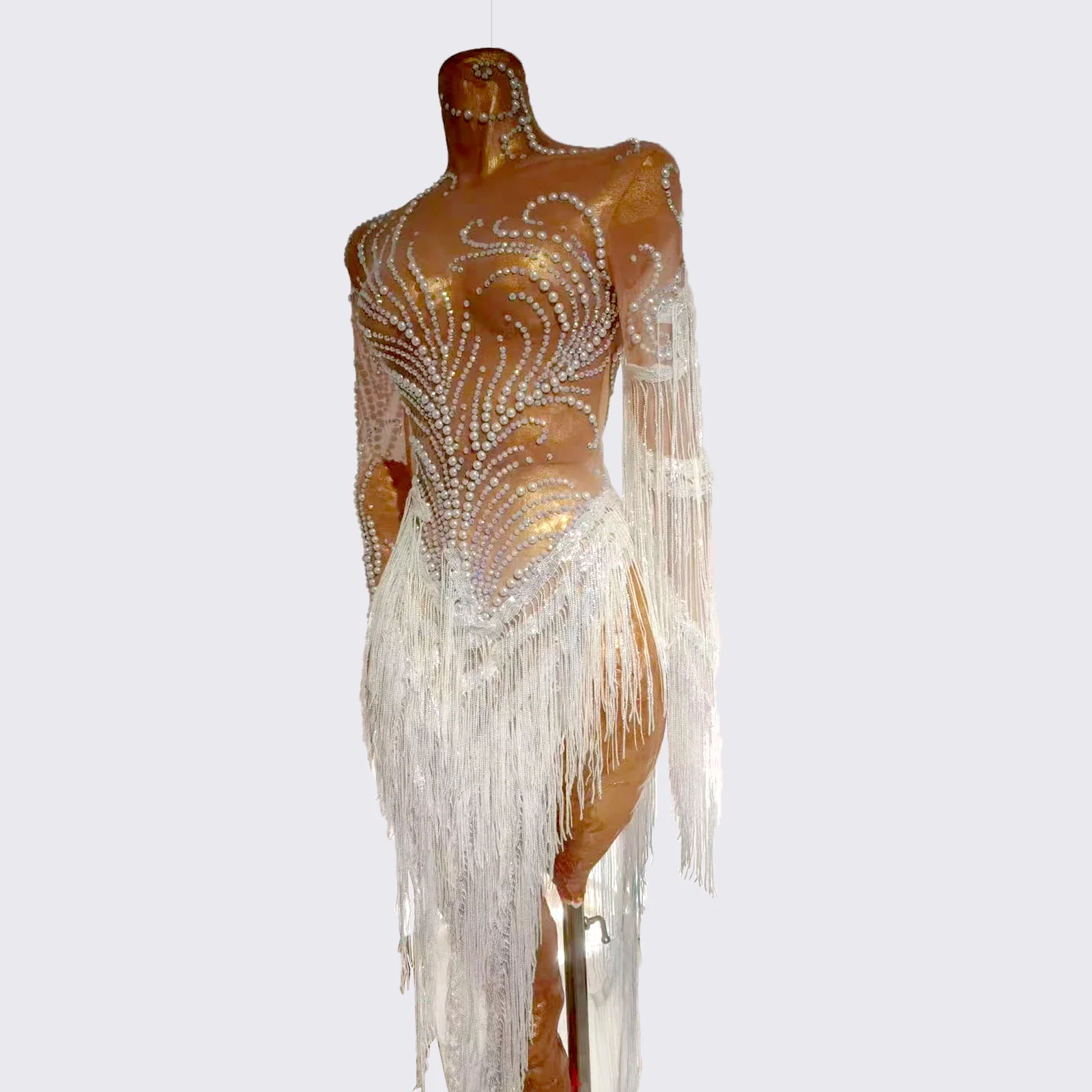 

Long Sequins Tassel White Pearls Mini Dress See Through Mesh Birthday Dresses For Photoshoot Celebrate Party Dance Show Wear